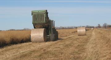 A machine rolls hay into round bales in a field