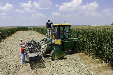 Three people preparing tractor-mounted sprayer equipment in a cornfield.