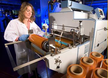 Research Food Technologist Tara McHugh casts carrot edible films in the Healthy Processed Foods pilot plant.