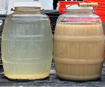 Two clear barrels holding stormwater runoff samples from a flooded field and unflooded field.