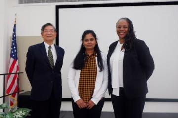 Simon Liu and Deirdra Chester pose with ARSX contest winner Dr. Revathi Shanmugasundaram.