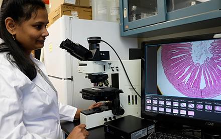 ARS research biologist Revathi Shanmugasundaram in front of  a screen