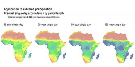 Four maps showing 1-, 20, 50 and 100-year greatest single day extreme precipitation accumulation 